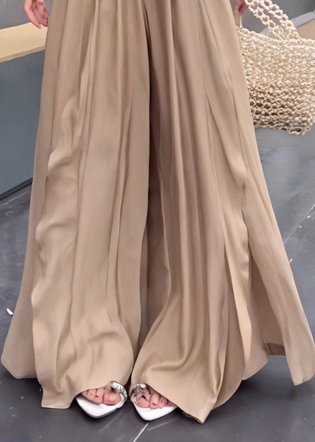 French Khaki Ruffled Patchwork Cotton Wide Leg Pants Summer