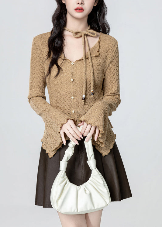 French Khaki V Neck Asymmetrical Design Knit Top Spring