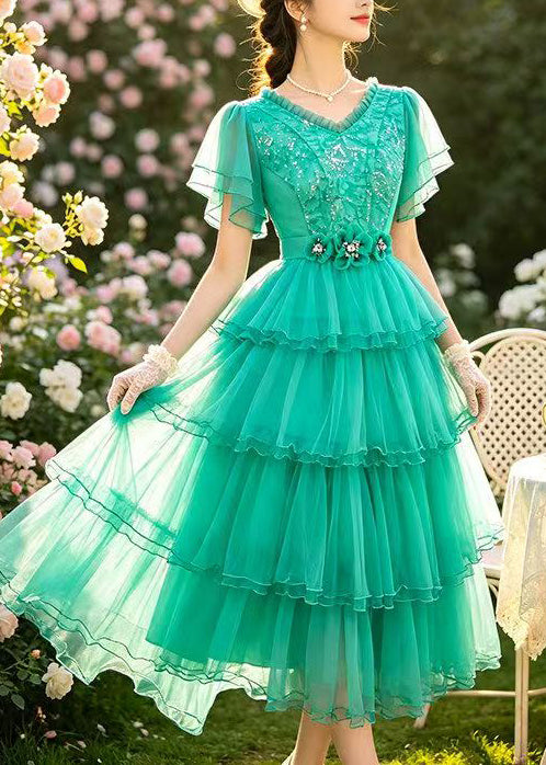 French Lake Green V Neck Exra Large Hem Lace Party Dress Summer