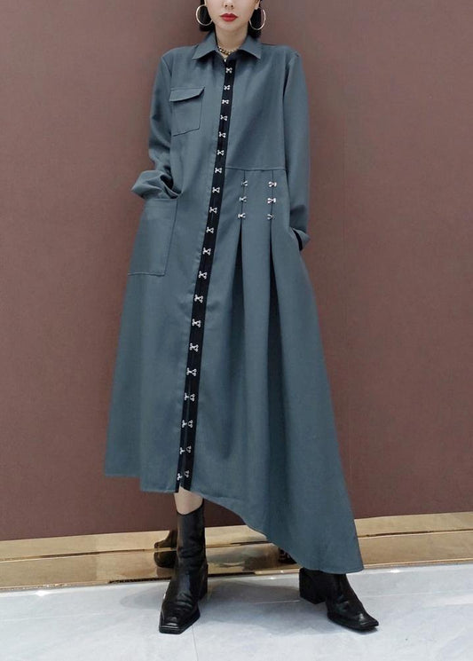 French Lapel Asymmetric Spring Tunic Design Gray Dress - SooLinen