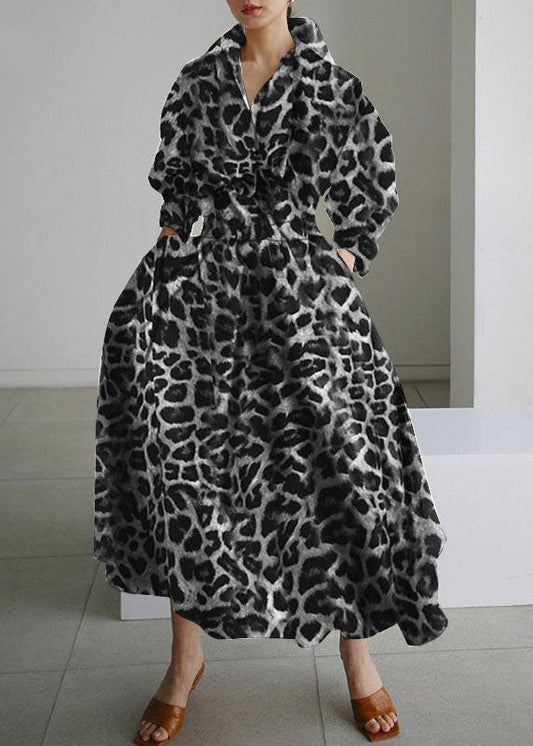 French Leopard Print Exra Large Hem Cotton Holiday Dresses Spring