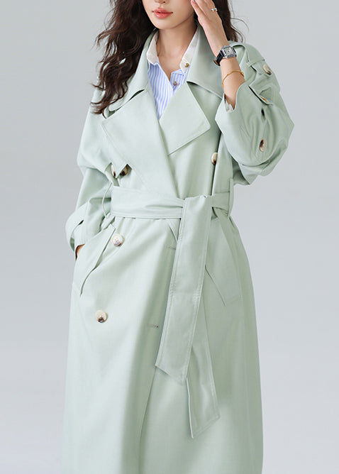 French Light Green Double Breast Tie Waist Cotton Trench Spring