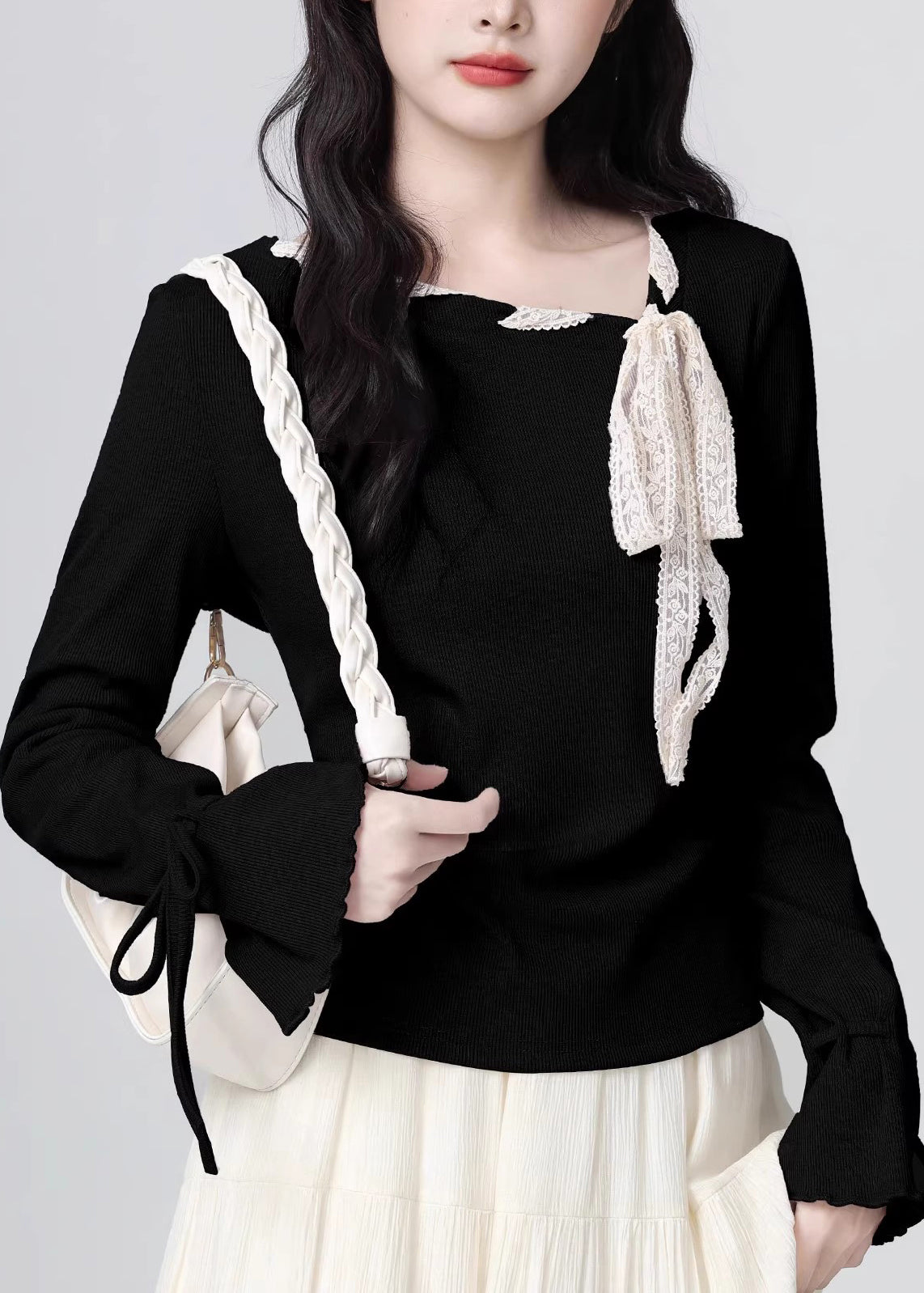 French Light Purple Lace Bow Lace Up Knit Top Spring