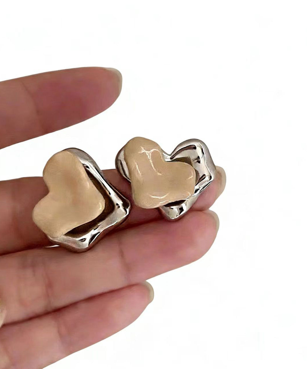 French Metal Heart-Shaped Stud Earrings