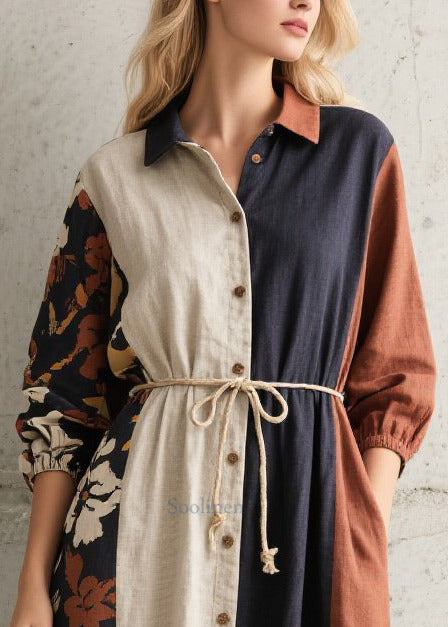 French Mixed Color Tie Waist Patchwork Cotton Shirt Dress Fall