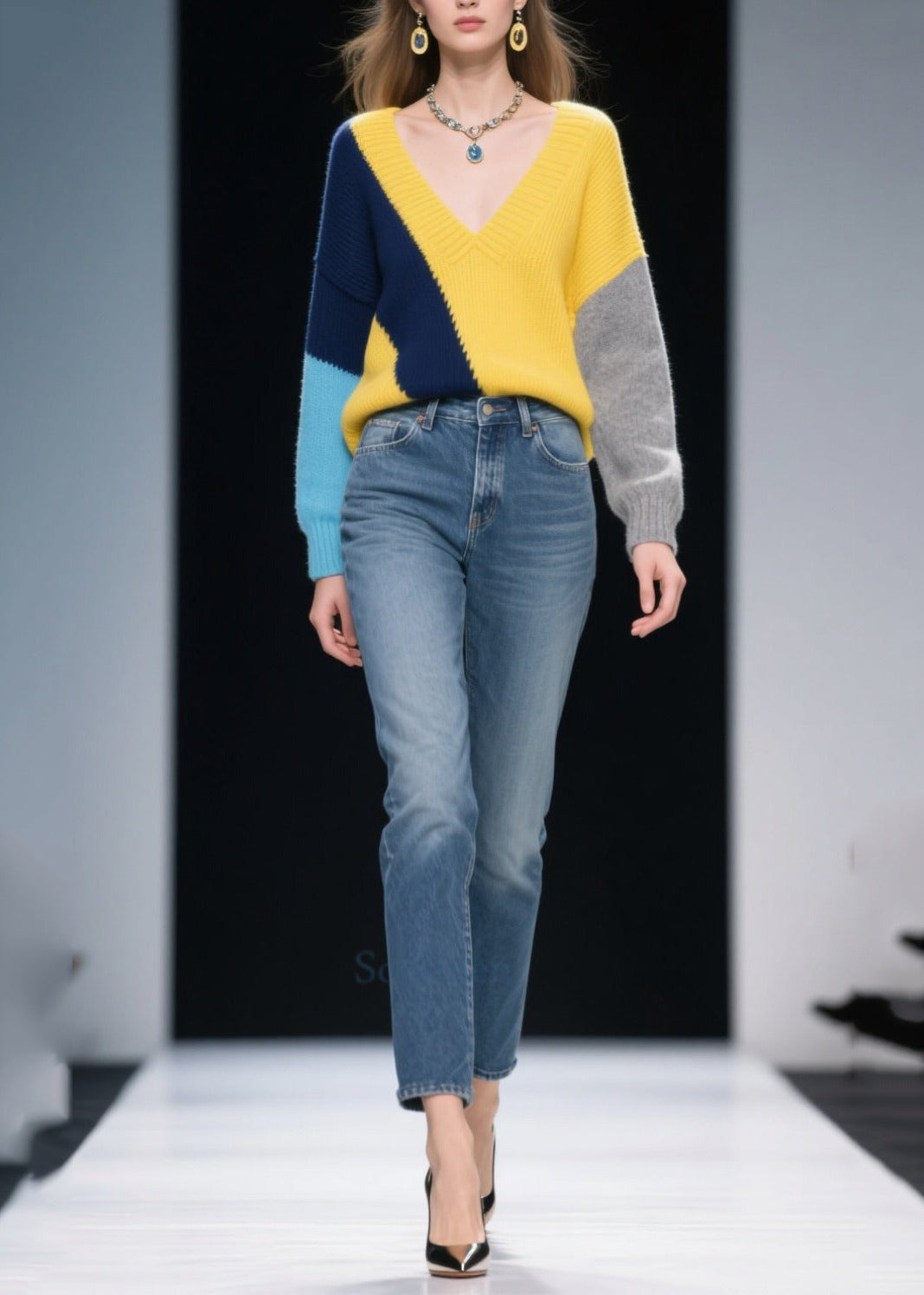 French Mixed Color V Neck Patchwork Cozy Sweaters Winter