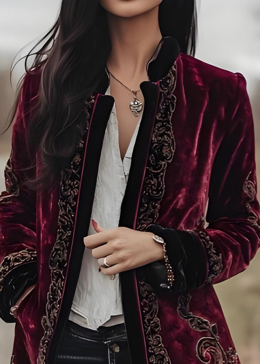 French Mulberry Embroidered Patchwork Velvet Coat Fall