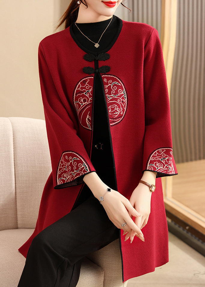 French Mulberry O-Neck Print Long Woolen Cardigans Spring