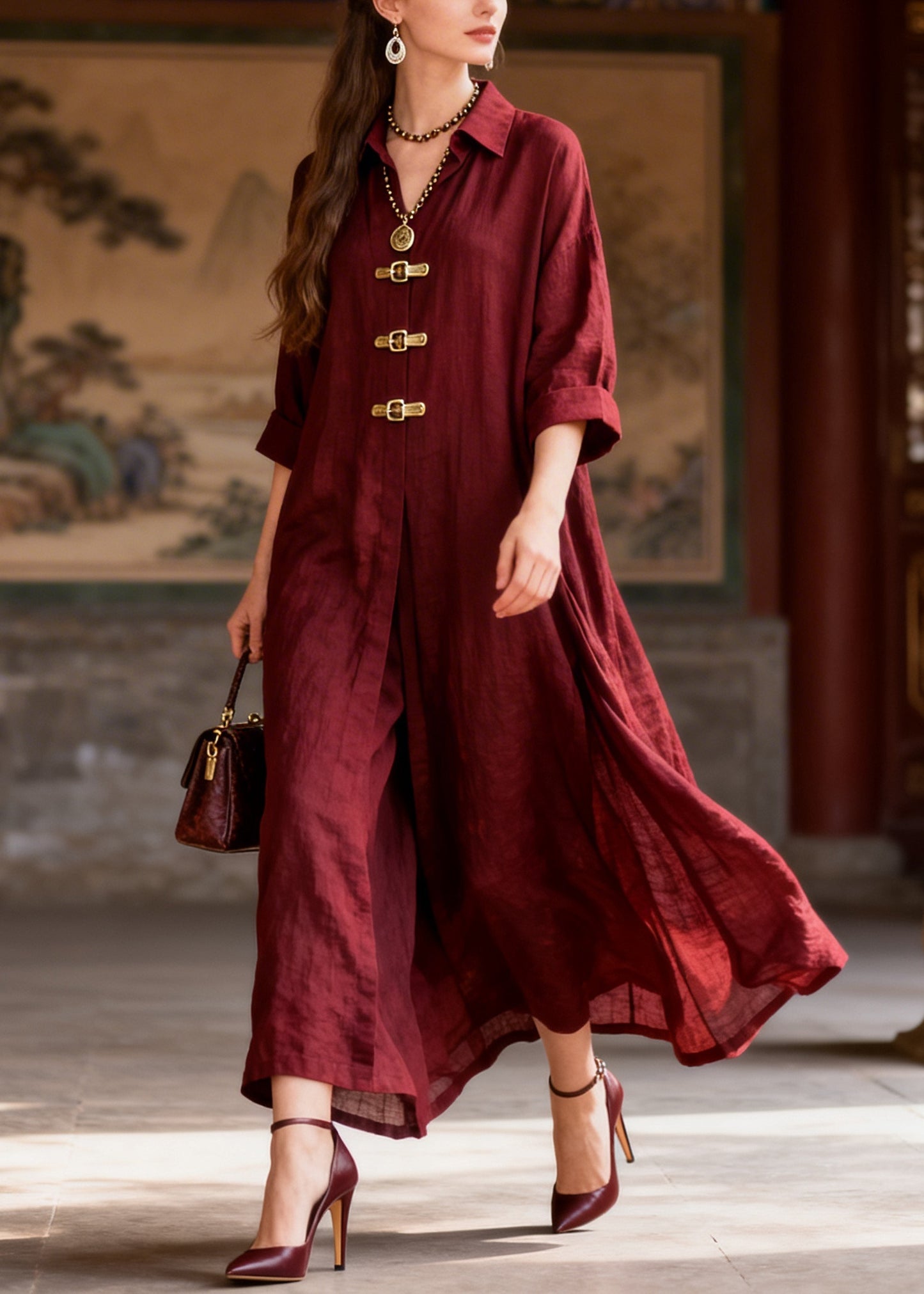French Mulberry Oversized Chinese Button Cotton Dresses Summer