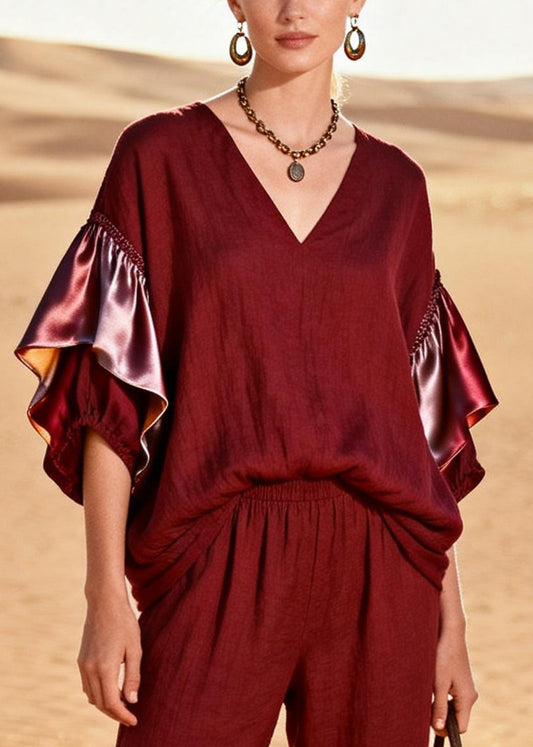 French Mulberry Oversized Patchwork Cotton Two Piece Suit Set Butterfly Sleeve