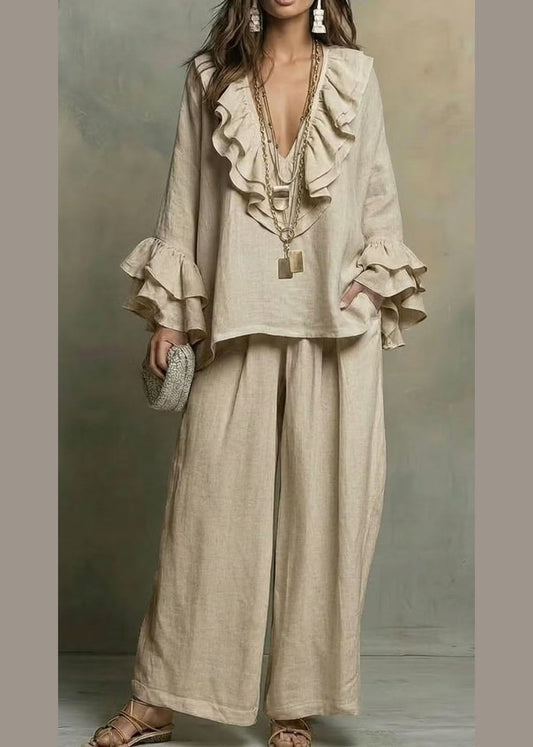 French Mulberry Ruffled Patchwork Top And Wide Leg Pants Two Pieces Set Flare Sleeve