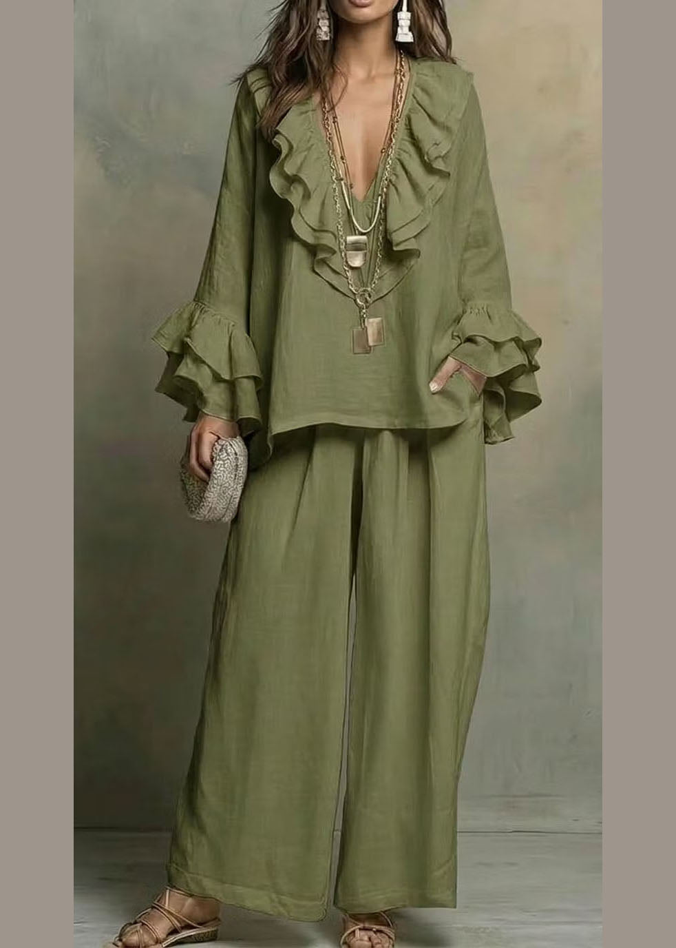 French Mulberry Ruffled Patchwork Top And Wide Leg Pants Two Pieces Set Flare Sleeve