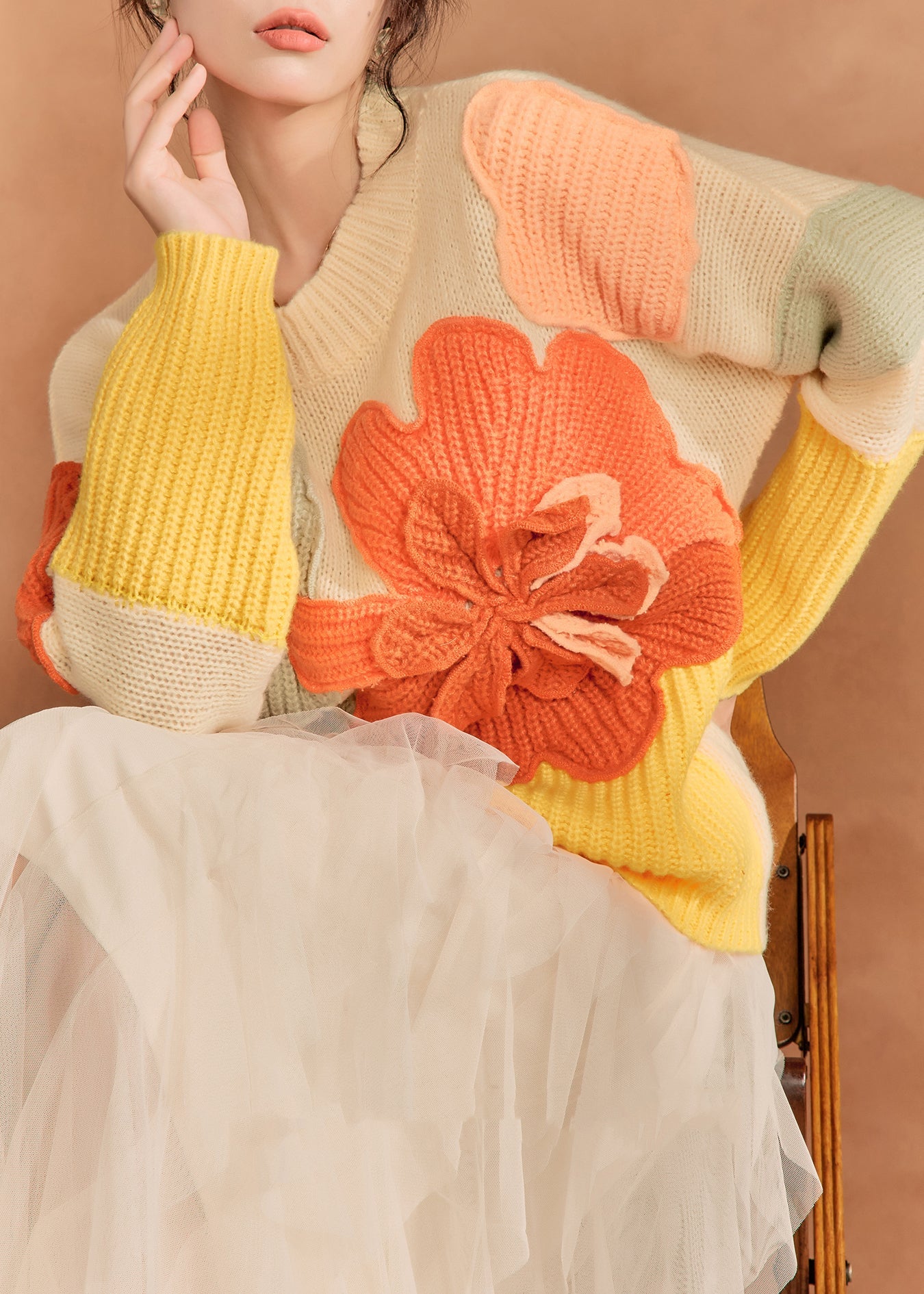 French Multicolor O-Neck Floral Knit Sweaters Spring