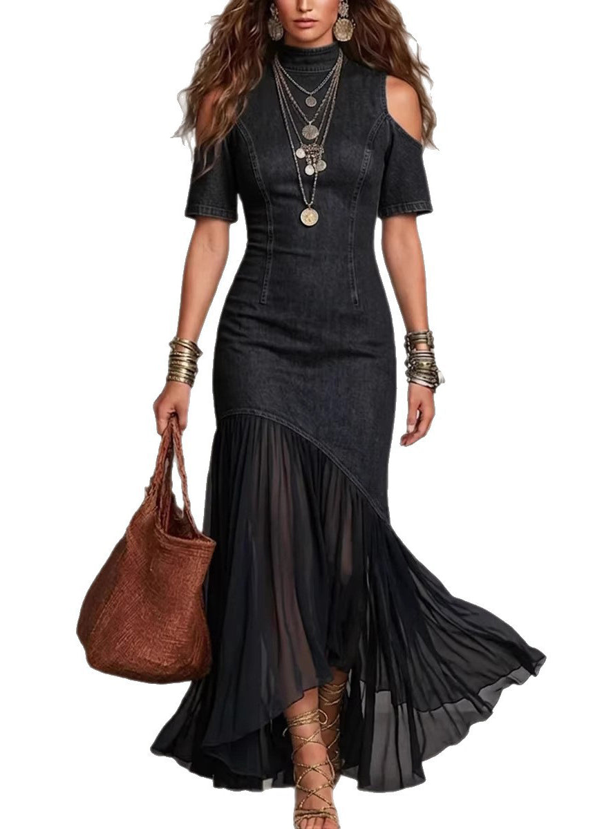 French Navy Cold Shoulder Patchwork Tulle Denim Dress Half Sleeve