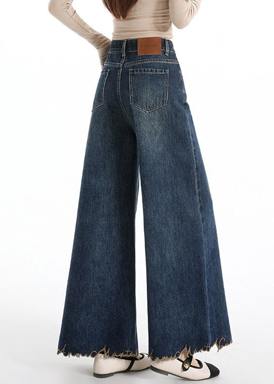 French Navy Embroidered Denim Flared Trousers Fall