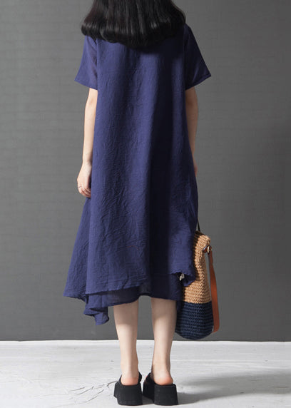 French Navy Oversized Print Linen Layered Dress Summer