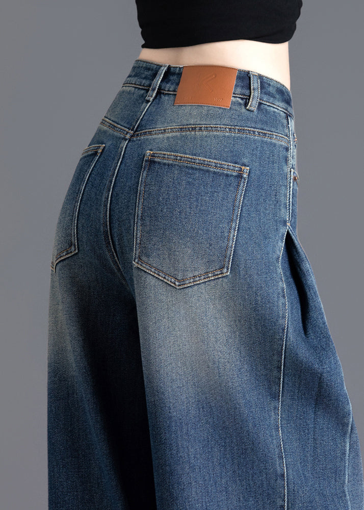 French Navy Oversized Wrinkled Denim Wide Leg Skirt Spring