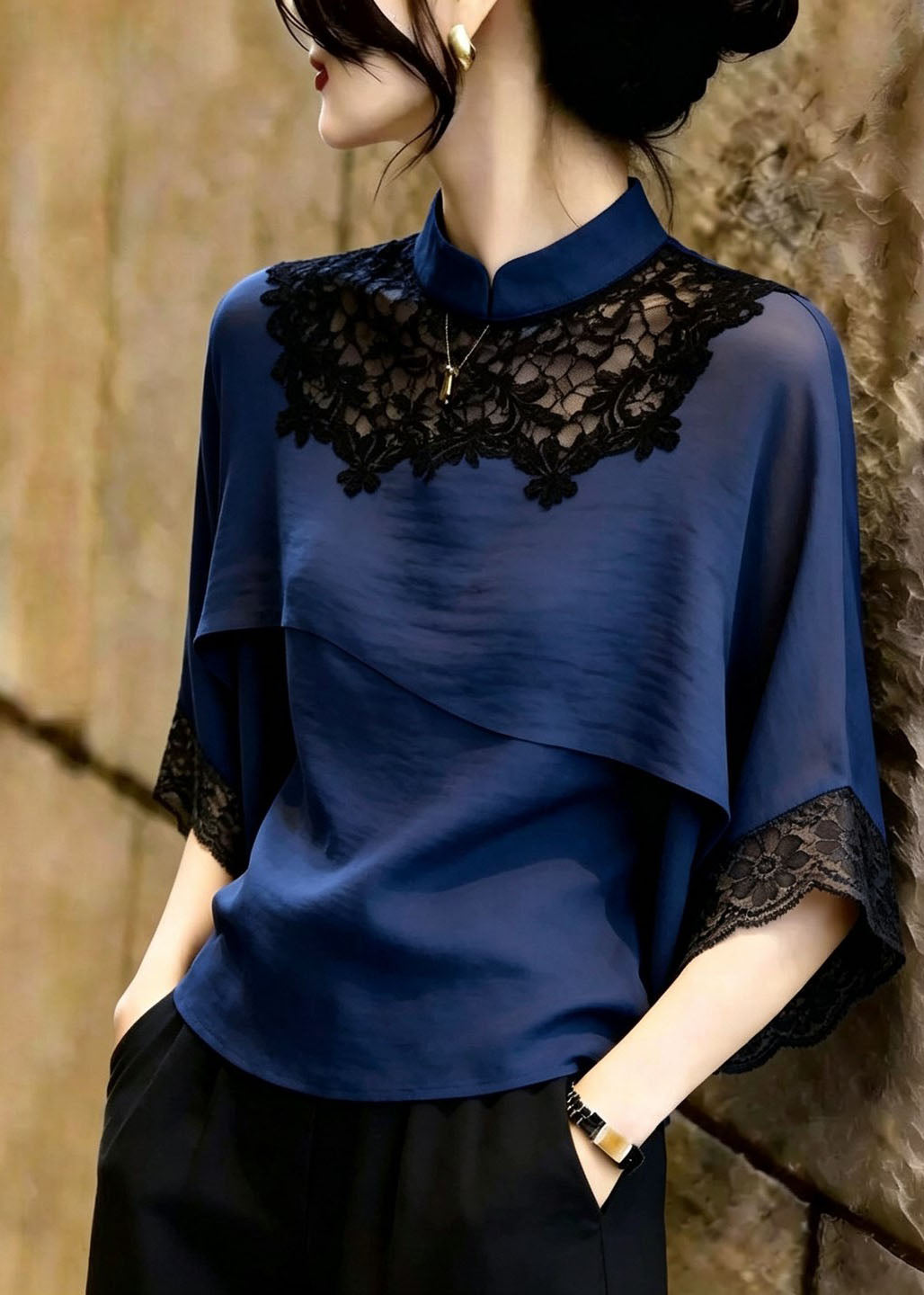 French Navy Stand Collar Patchwork Lace Blouse Tops Summer