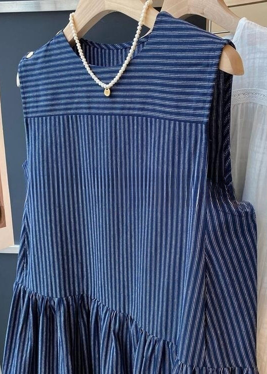 French Navy Striped Wrinkled Cotton Mid Dress Sleeveless