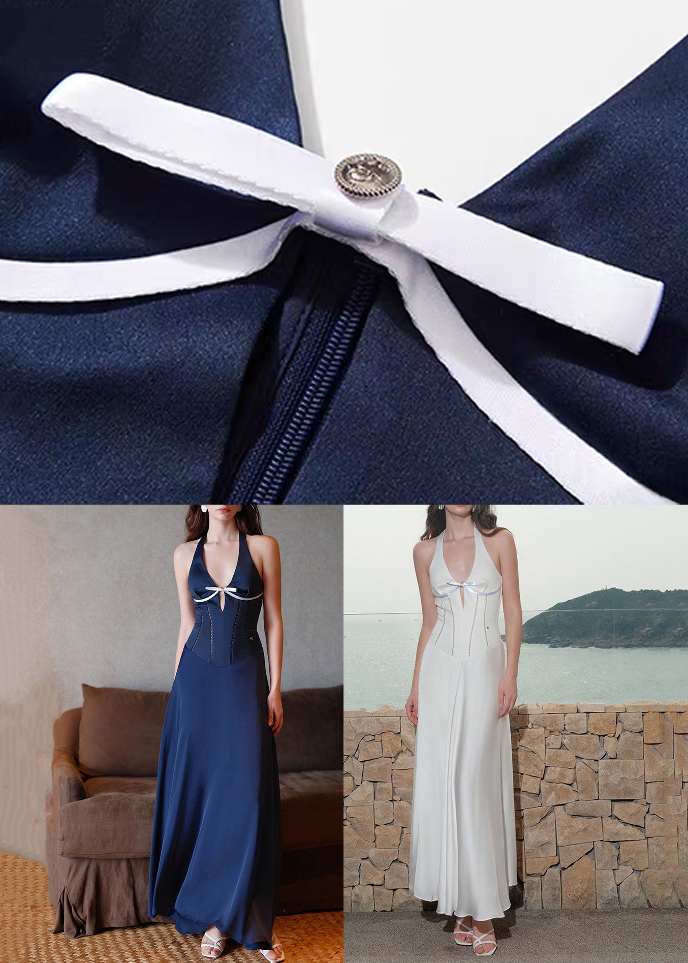 French Navy V Neck Bow Hollow Out Cotton Long Dress Sleeveless