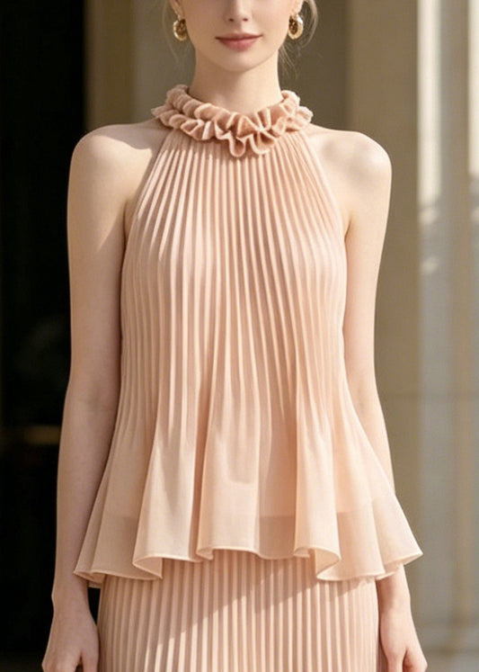 French Nude Ruffled Wrinkled Chiffon Two Pieces Set Sleeveless
