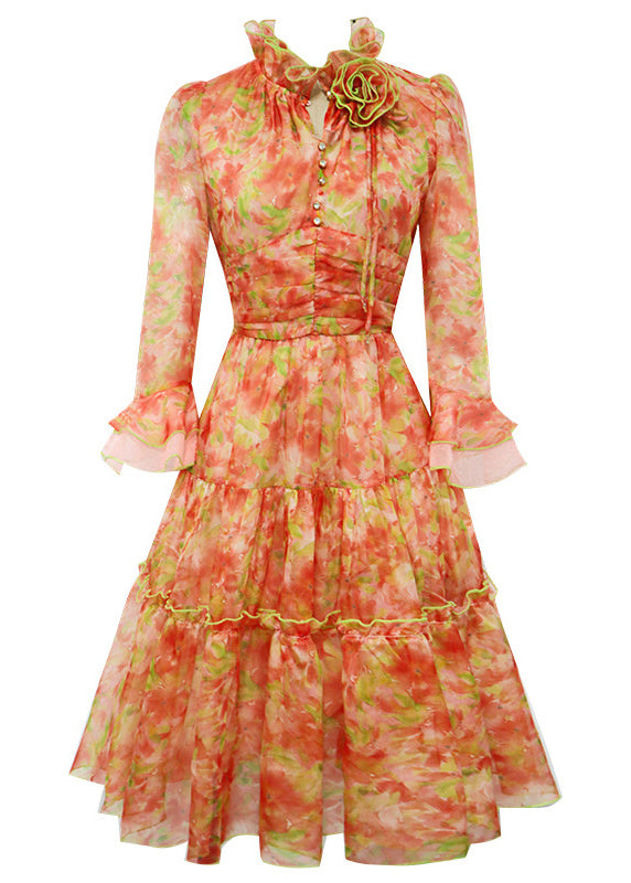 French Orange Ruffled Floral Chiffon Dresses Summer