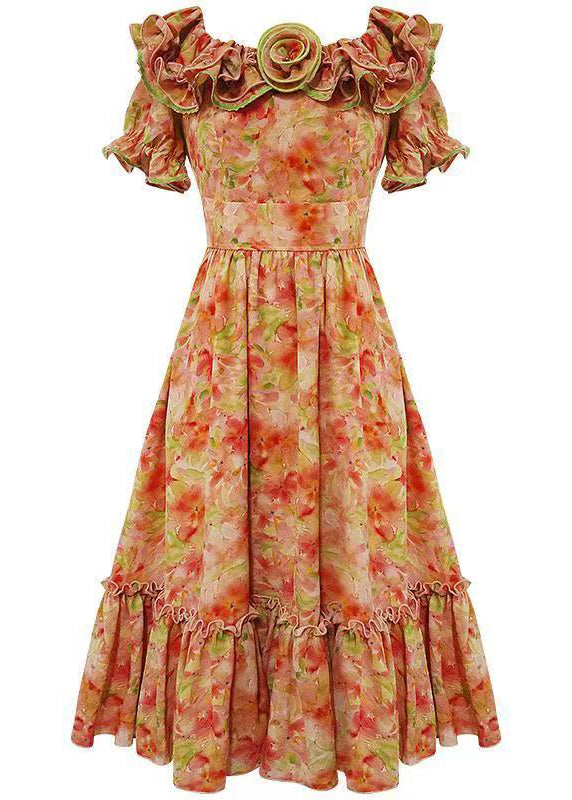 French Orange Ruffled Floral Print Chiffon Dress Summer