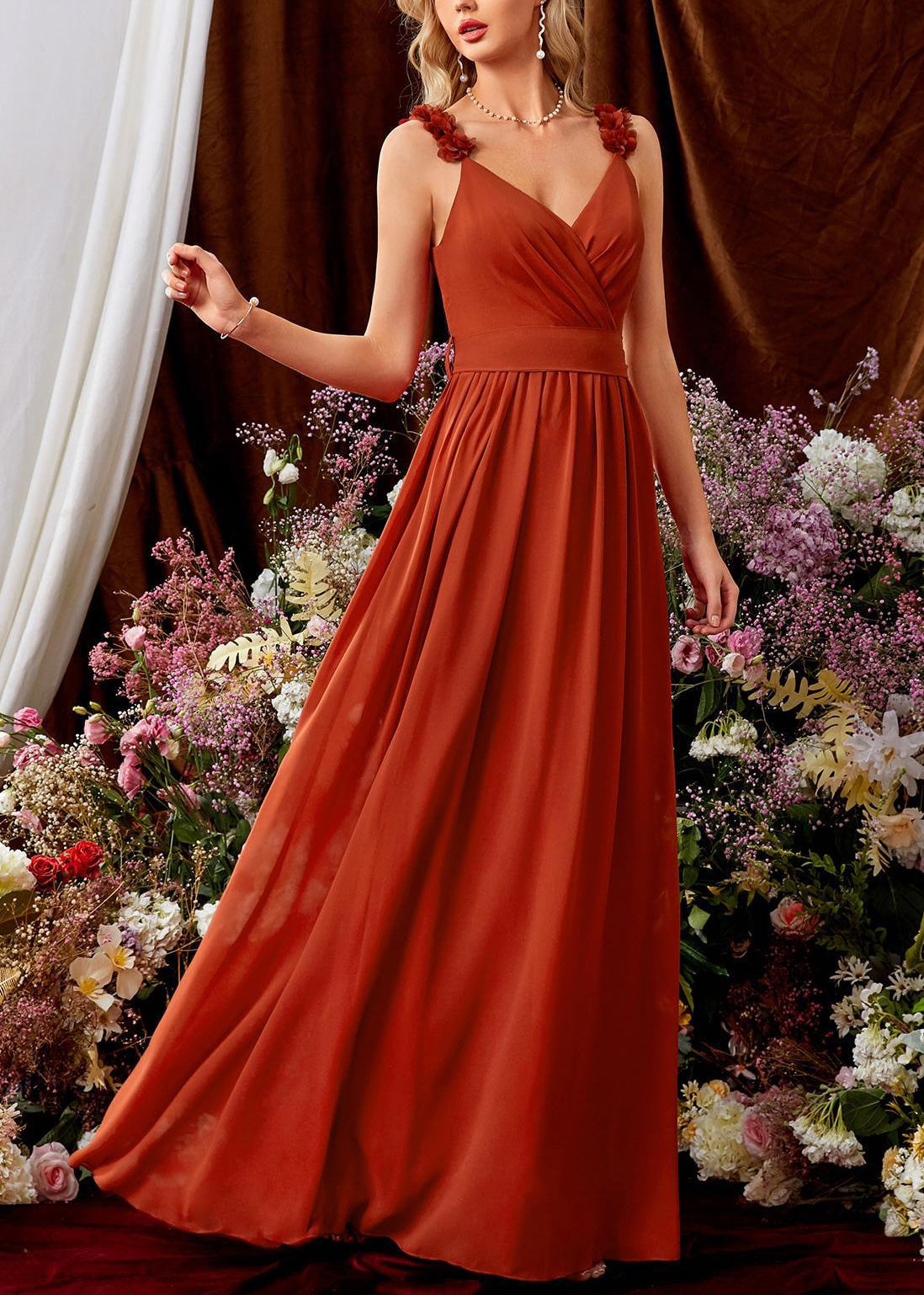 French Orange V Neck Floral Tie Waist Cotton Spaghetti Strap Dress Sleeveless