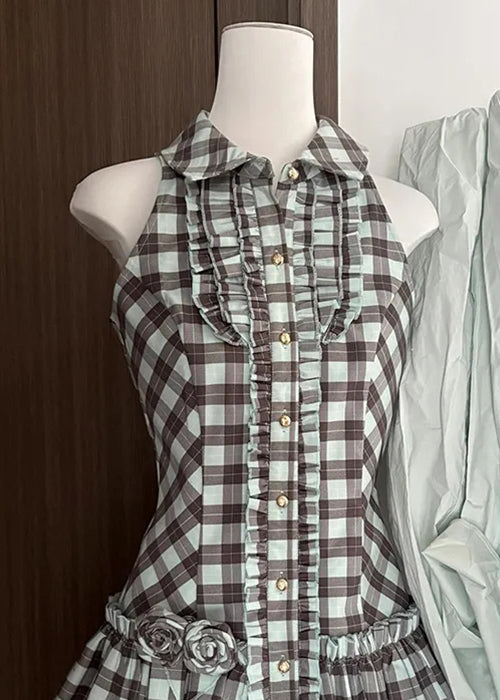 French Peter Pan Collar Plaid Ruffled Cotton Mid Dress Sleeveless