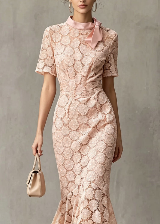 French Pink Bow Asymmetrical Design Patchwork Lace Dresses Summer