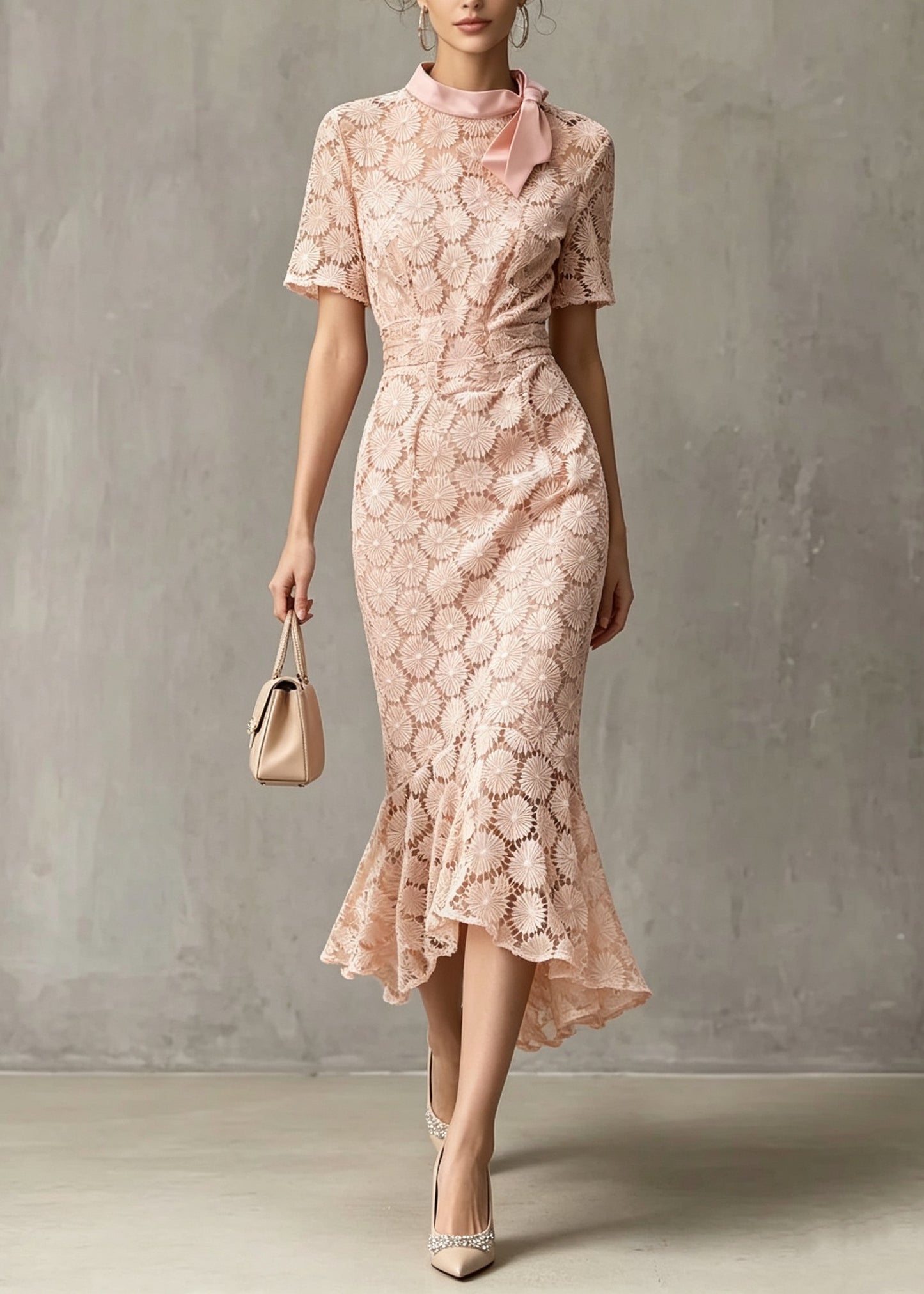 French Pink Bow Asymmetrical Design Patchwork Lace Dresses Summer