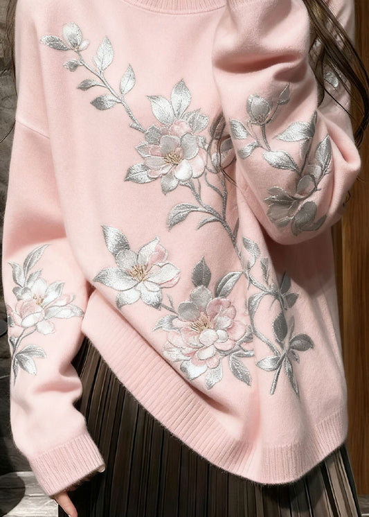 French Pink Embroidered Floral Knit Cozy Sweaters Winter
