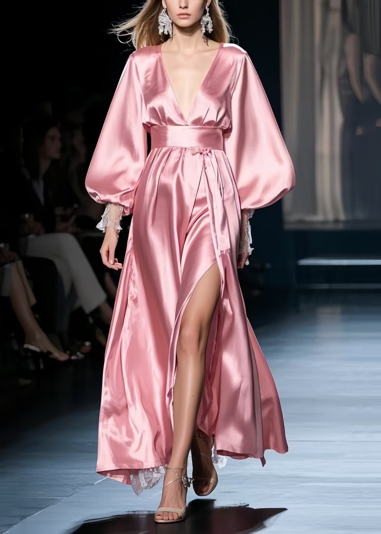 French Pink Exra Large Hem Side Open Silk Party Dresses Spring