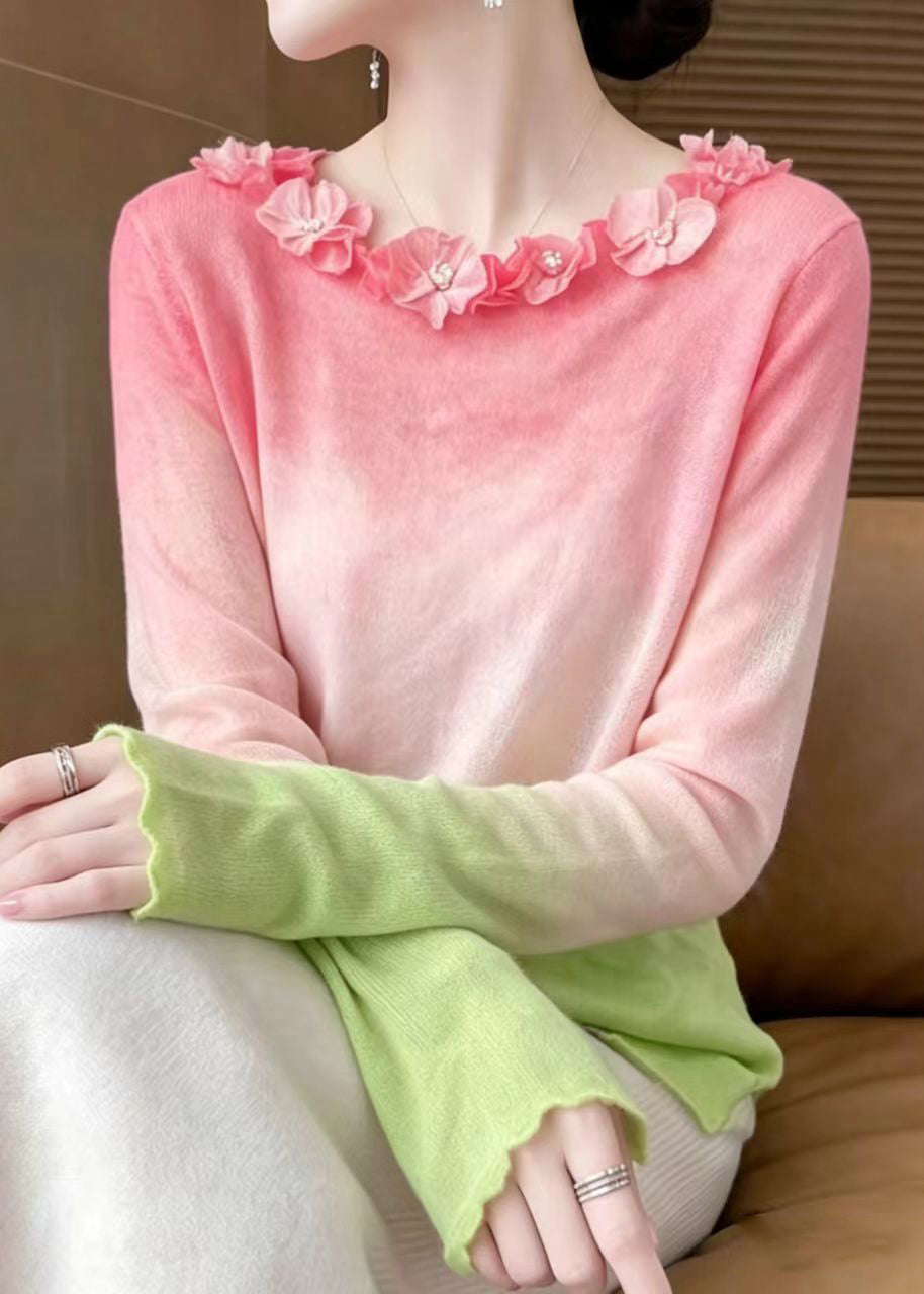 French Pink Gradient Stereoscopi Floral Knit Sweater Top Fall