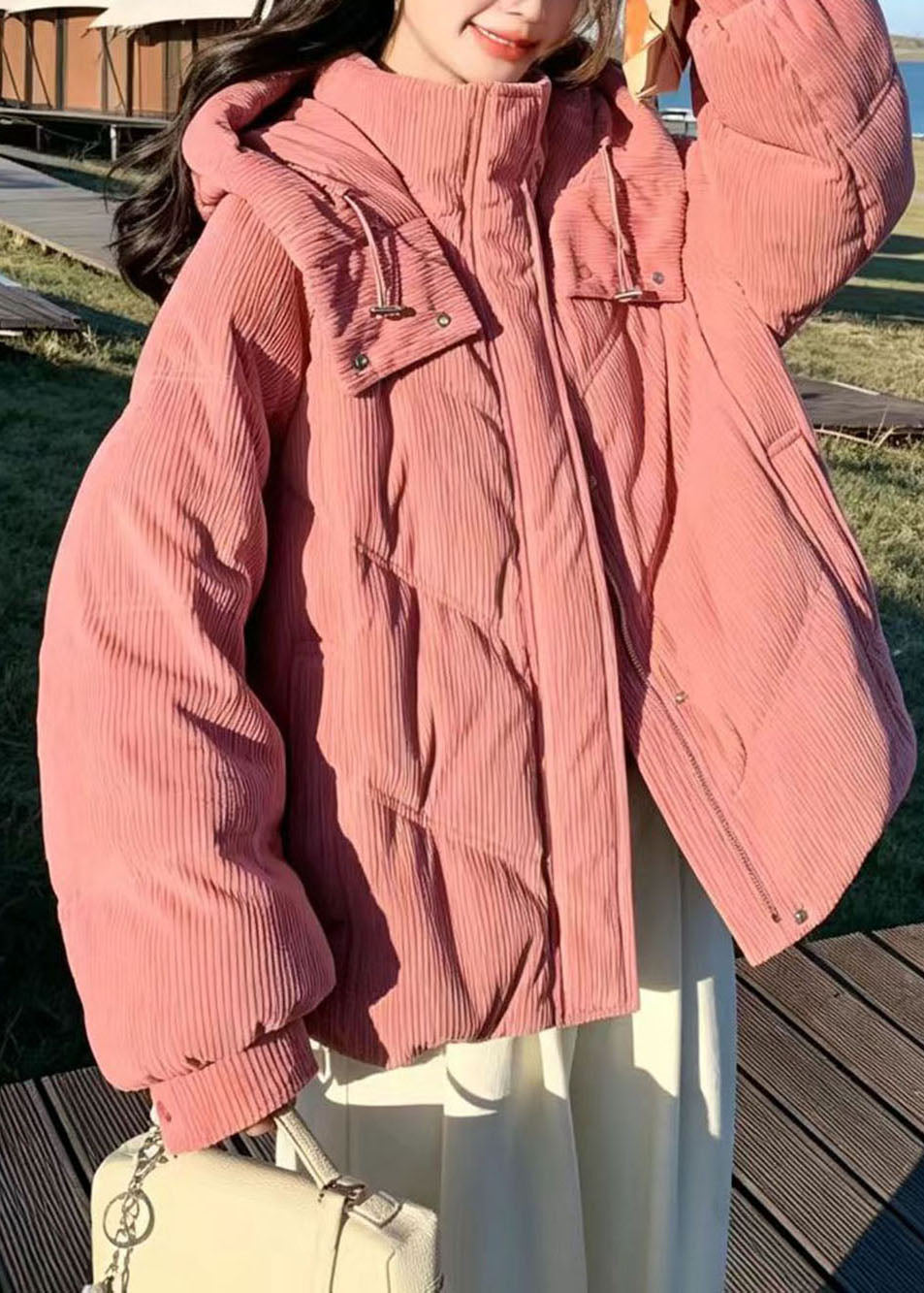 French Pink Hooded Corduroy Fine Cotton Filled Puffer Jacket Winter