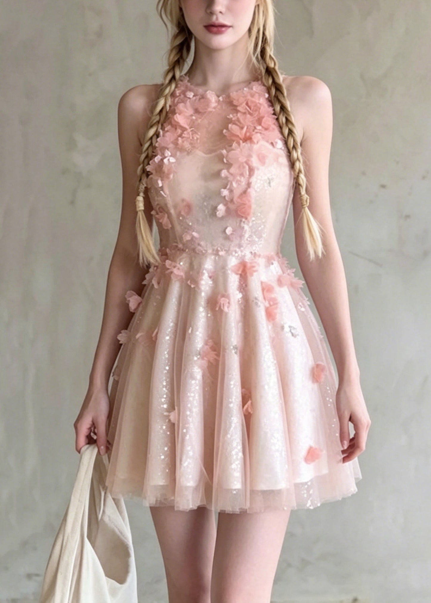 French Pink O Neck Floral Wrinkled Tulle Dress Summer