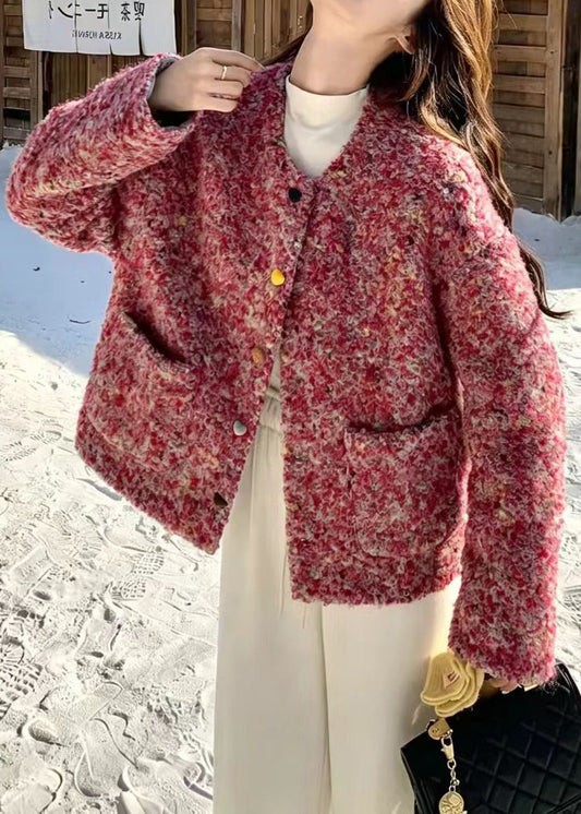 French Pink O-Neck Heart Buttons Woolen Cotton Filled Jackets Winter