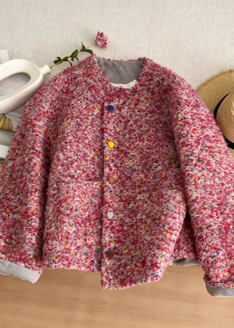 French Pink O-Neck Heart Buttons Woolen Cotton Filled Jackets Winter