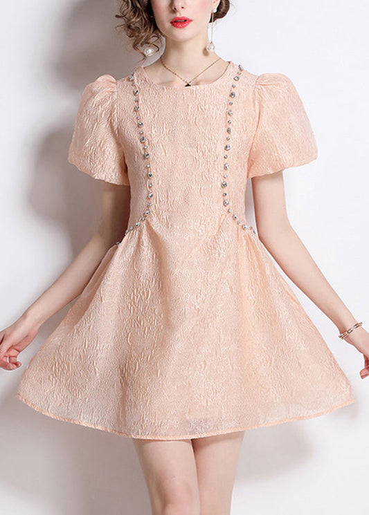 French Pink O Neck Jacquard Nail Bead Cotton Dresses Summer