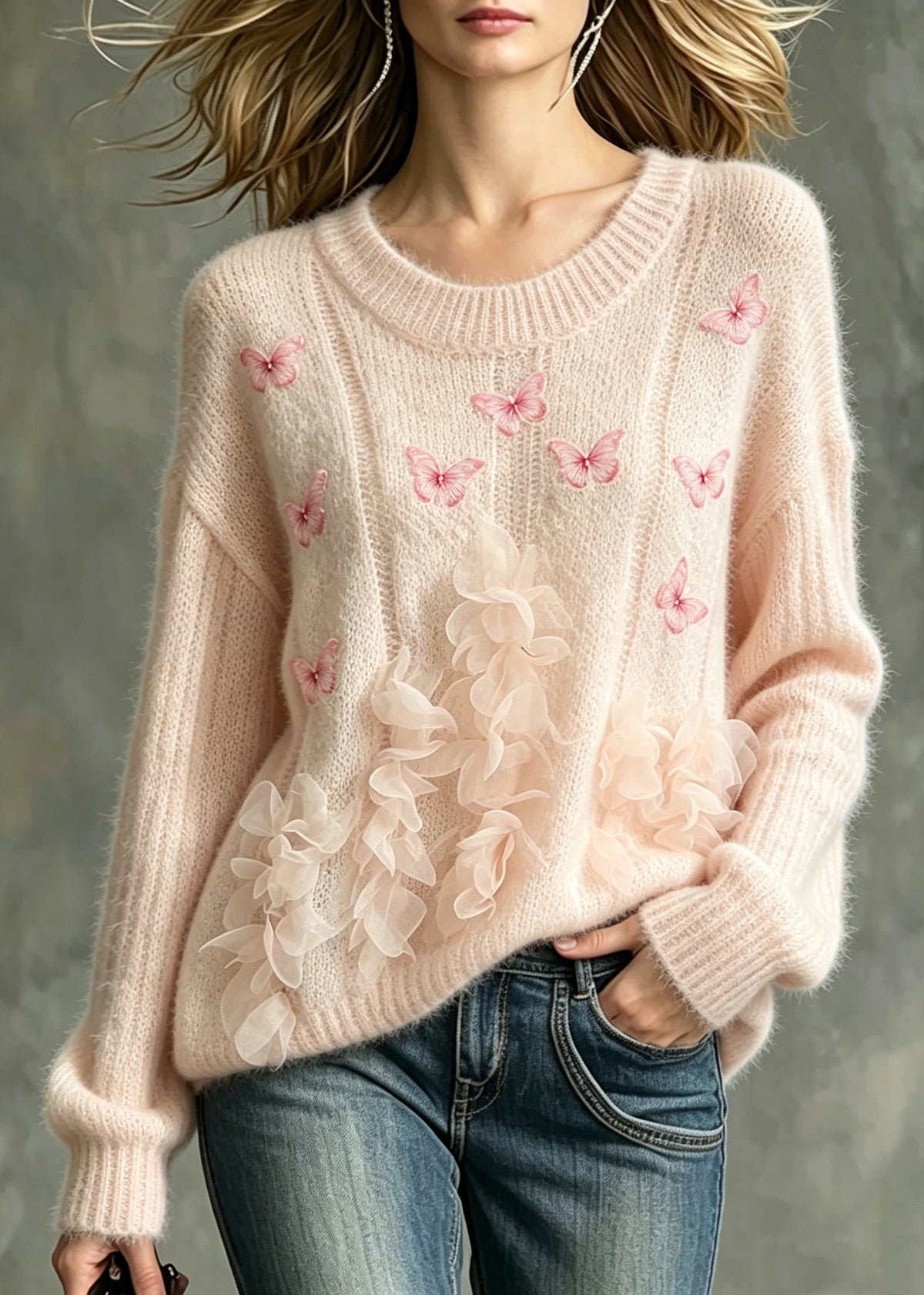 French Pink O-Neck Nail Bead Butterfly Floral Knit Sweater Fall