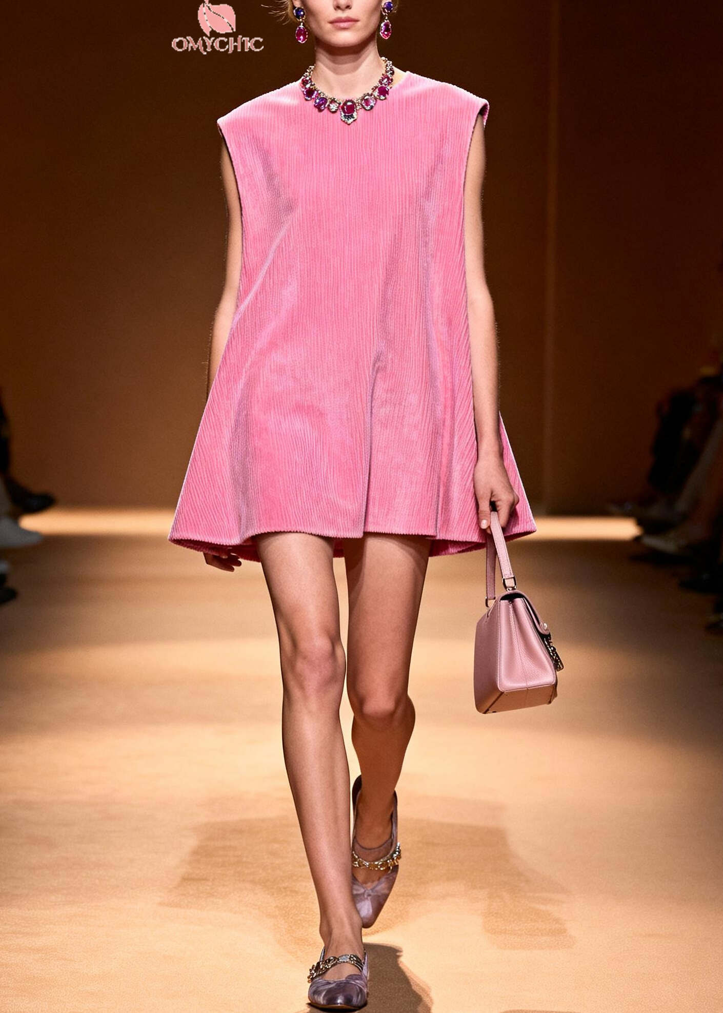 French Pink Oversized Corduroy Mid Dress Sleeveless
