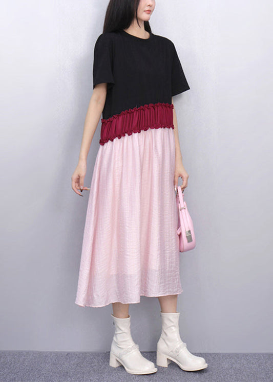 French Pink Patchwork Elastic Waist Maxi Dresses Summer