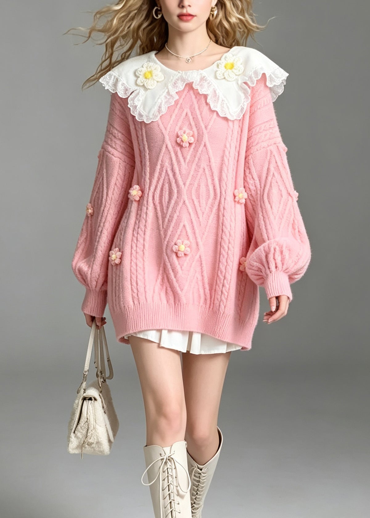 French Pink Peter Pan Collar Lace Patchwork Knit Sweaters Fall