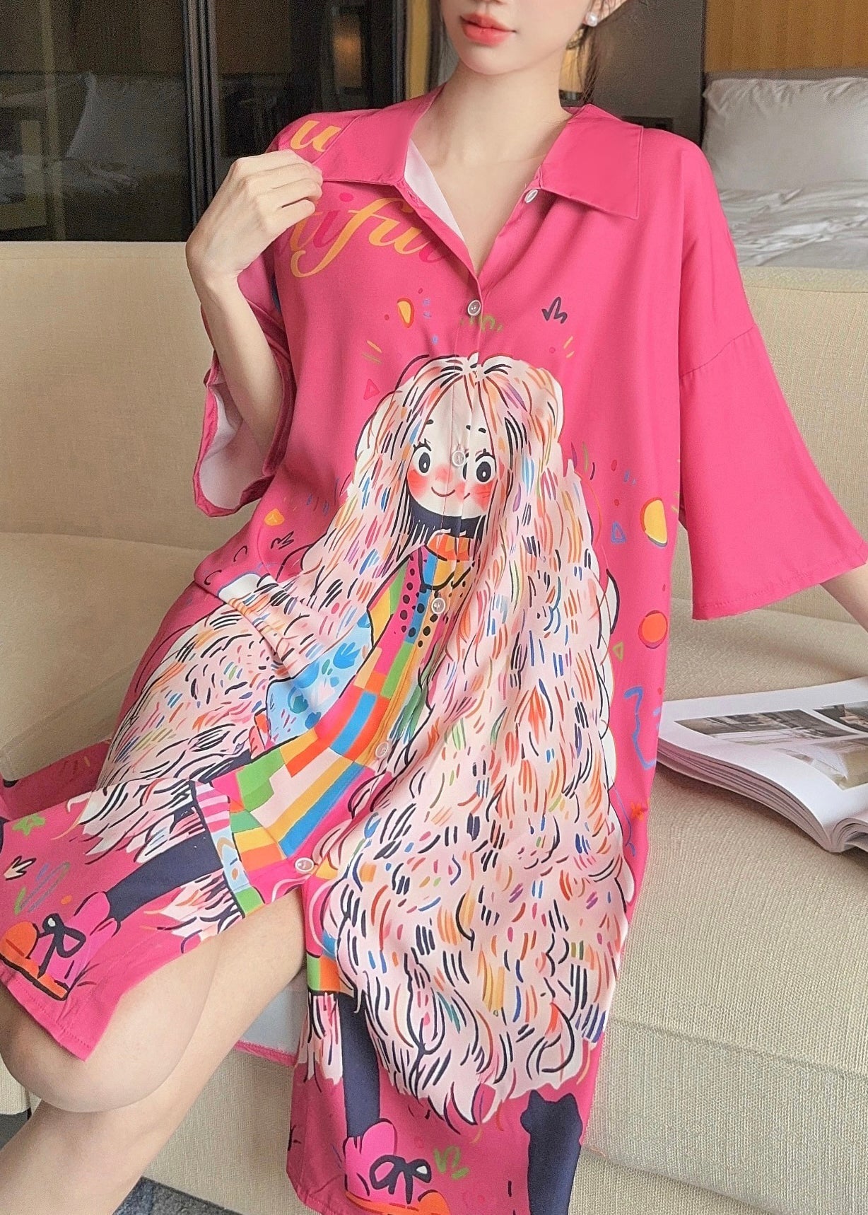 French Pink Peter Pan Collar Print Ice Silk Shirts Dress Summer