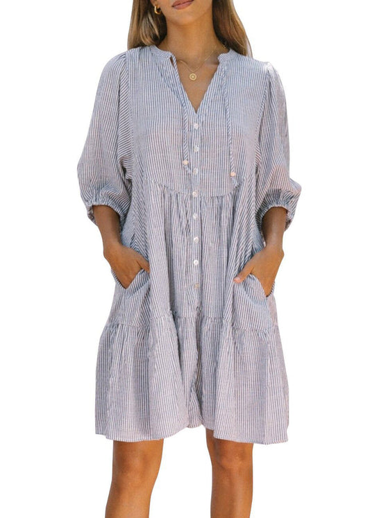 French Pink Peter Pan Collar Striped Mid Shirts Dress Half Sleeve