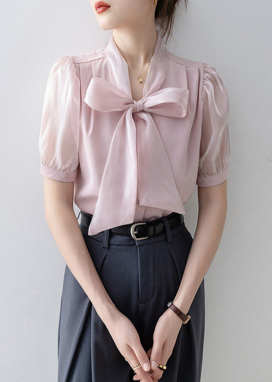 French Pink Print Lace Up Bow Chiffon Blouses Puff Sleeve