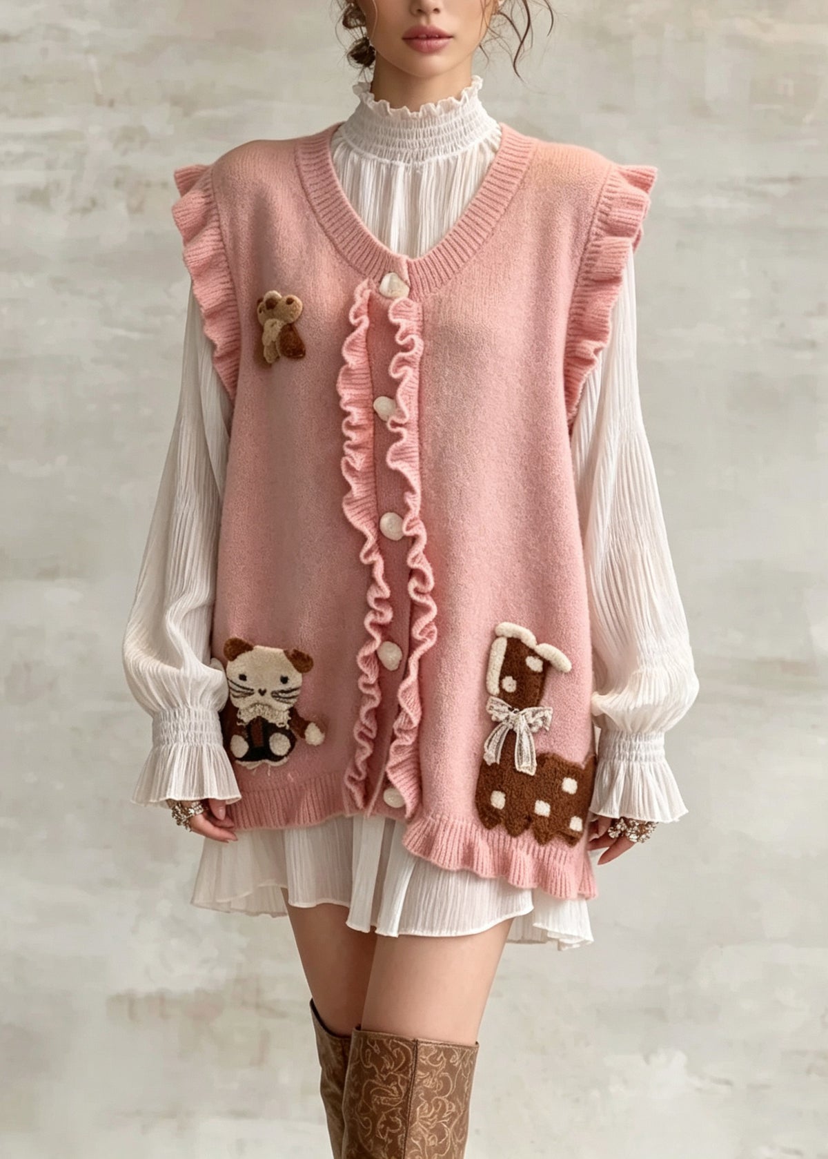 French Pink Ruffled Patchwork Knit Vest Sleeveless