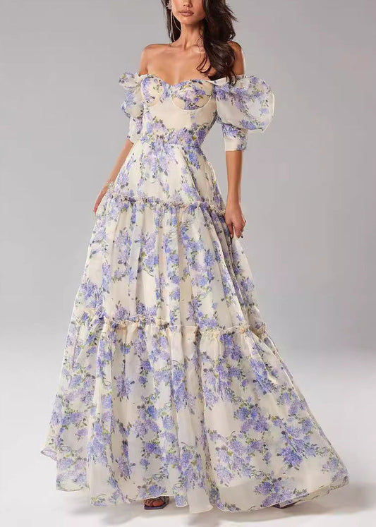 French Pink Ruffled Print Chiffon Long Dresses Summer