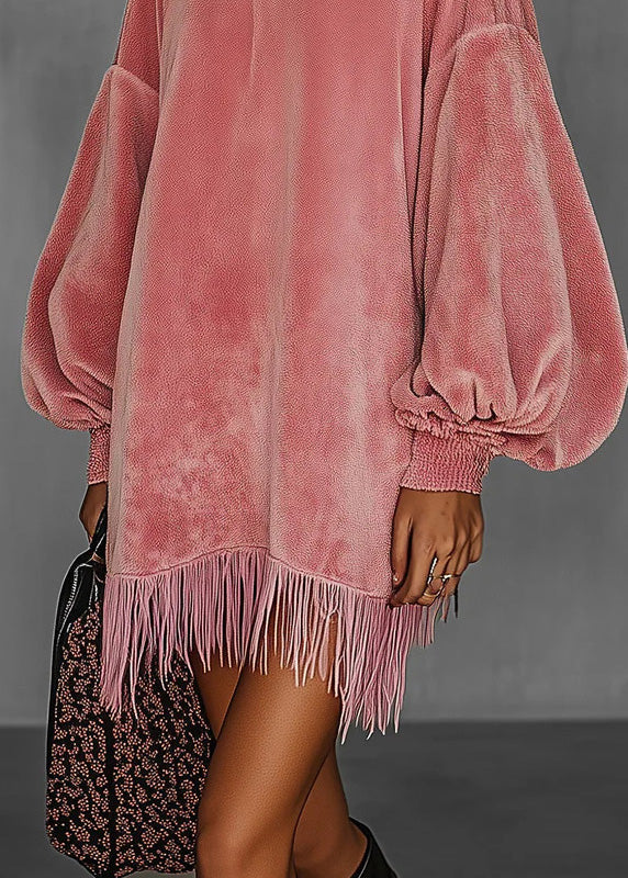 French Pink Tassel Patchwork Velvet Mid Dress Lantern Sleeve