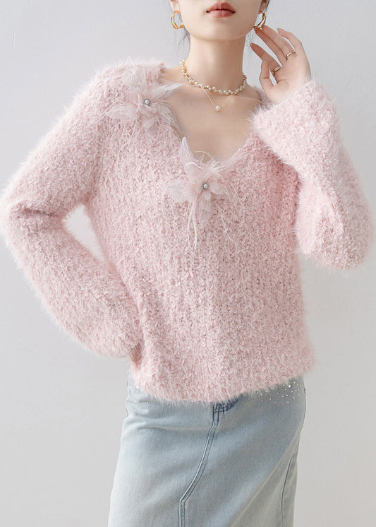 French Pink V Neck Floral Knit Sweater Tops Spring